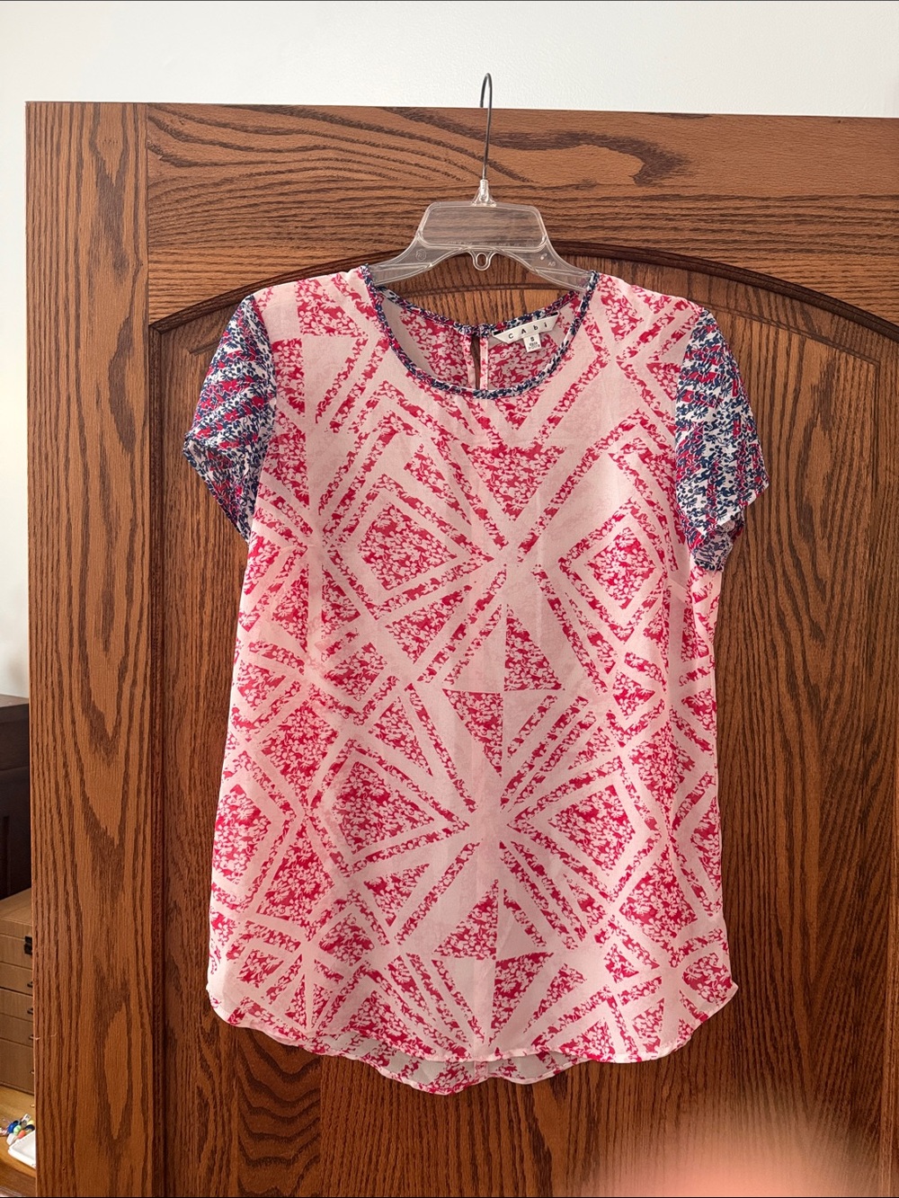 Patterned Pink Short Sleeve Blouse with Contrast Sleeves